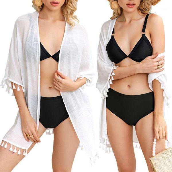 

women bikini cover up, half sleeve solid color open front swim beach tassel cardigan women's swimwear, White;black