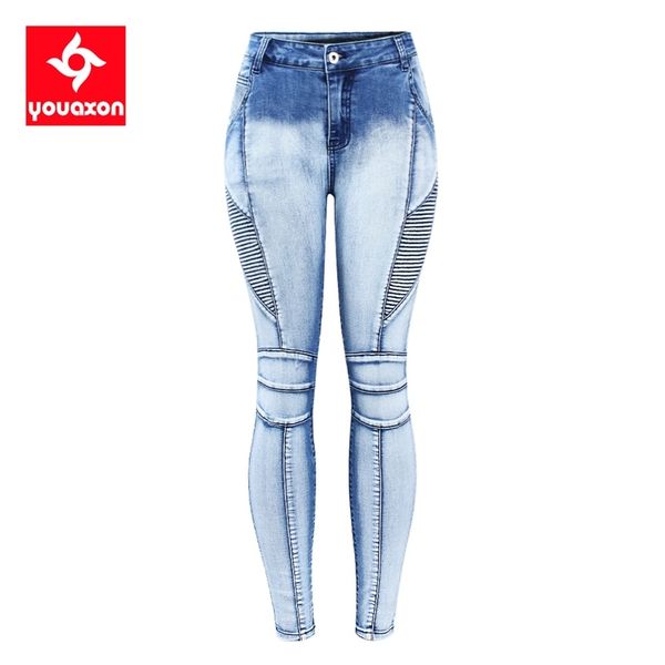 

2236 youaxon arrived eu size motor biker jeans woman plus size 5 pockets stretch bleach wash skinny denim pants for women 210730, Blue