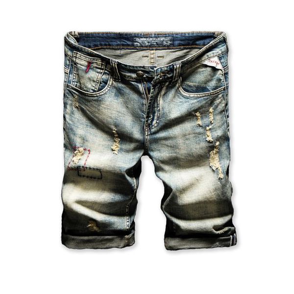 

men's jeans fashion hole denim shorts summer retro style ripped design slim street hip hop short youth knee-length pants, Blue