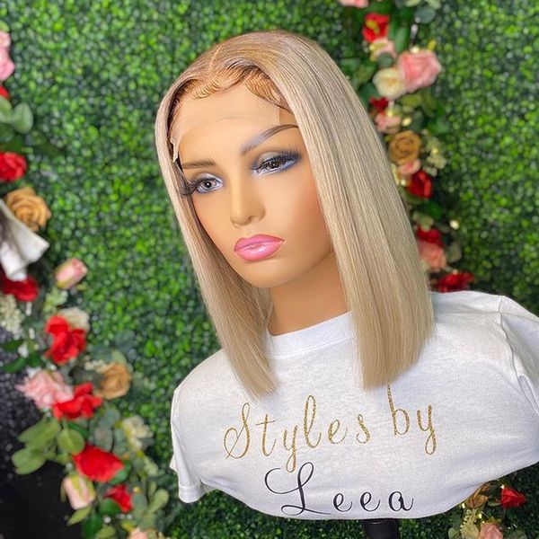 

blond color blunt cut short bob straight synthetic lace front wig for women with baby hair natural hairline glueless wigs daily, Black