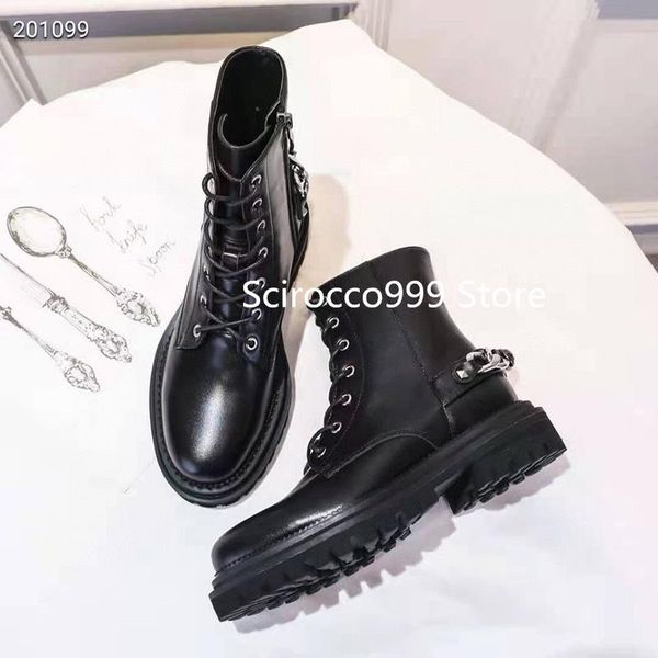 

boots women's 2021 short autumn british fashion metal chain leather thick soled shoes booties, Black