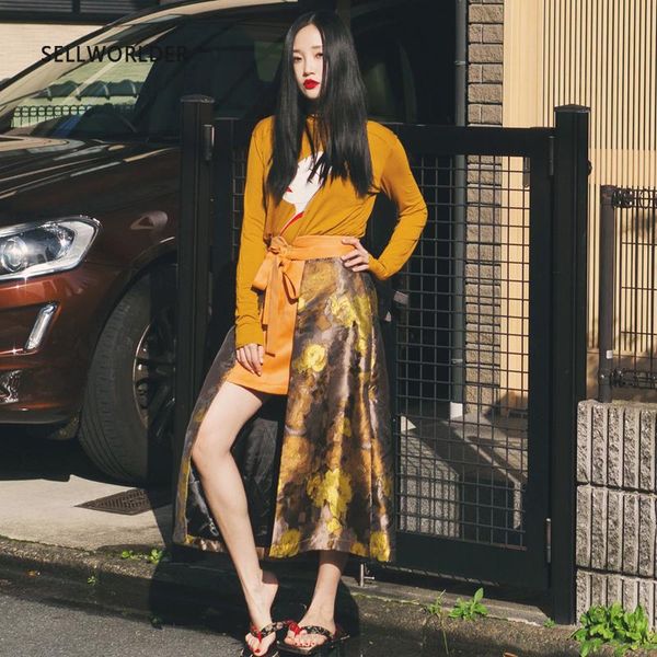

skirts 2021 handmade sellworlder japanese style multi-level irregular yellow floral print skirt, Black