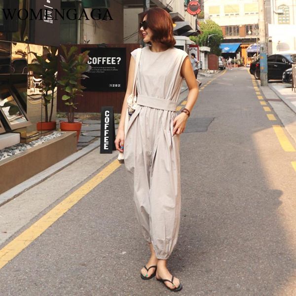 

women's jumpsuits & rompers korea 2021 summer korean styles fashion women clothes round neck sleeveless wide legs jumpsuit female rompe, Black;white