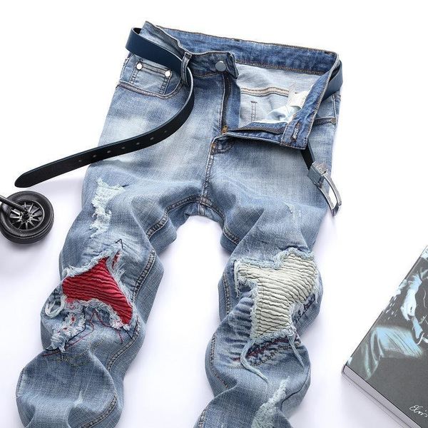 

men's jeans denim jeans hip-hop streetwear distressed white medium beard effect casual high fashion pants men retro clothing, Blue