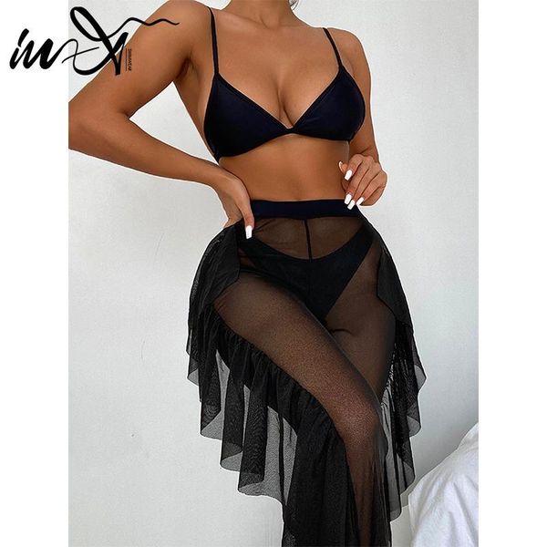 

women's swimwear in-x solid bikini 2021 mesh 3 pieces set swimsuit women elegant female ruffle swimming suit sports bathing, White;black