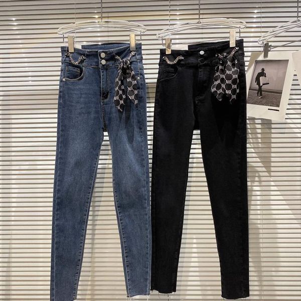 

women's jeans silk scarf bandage waist pencil women 2021 autumn small fragrance elastic slim fashion, Blue