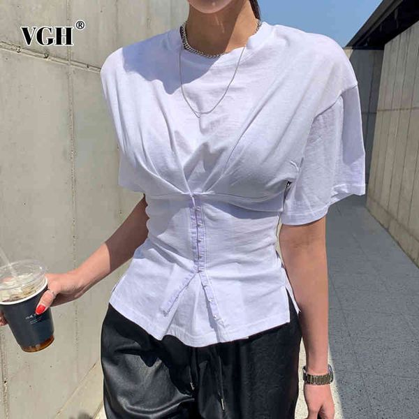 

vgh tunic t-shirt for women short sleeve high waist o neck oversize side split chic style shirts female fashion summer new 210421, White