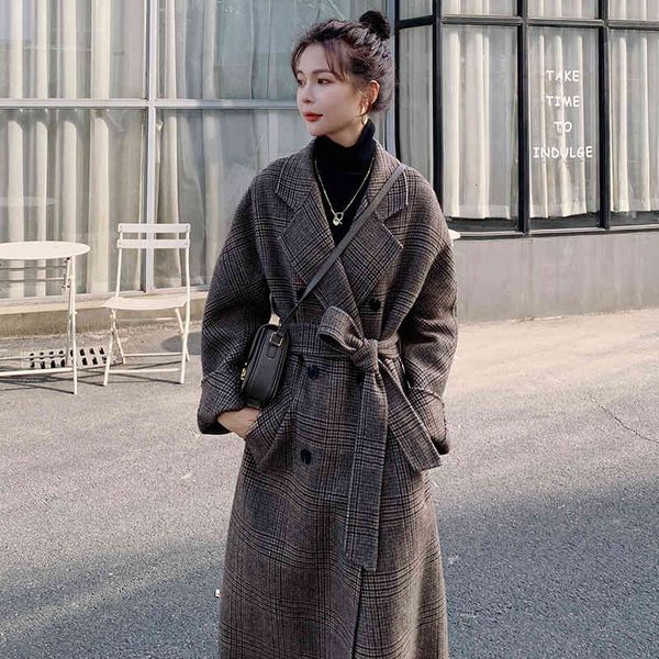 

women's wool & blends en coat long section 2021 winter lapel long-sleeved plaid double-breasted loose fashion quality jacket 9e 6i, Black