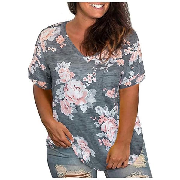 

plus size t-shirt t shirt women's fashion trend v-neck short sleeve tee floral print loose casual blouse trendy pullover xl-5xl, Black