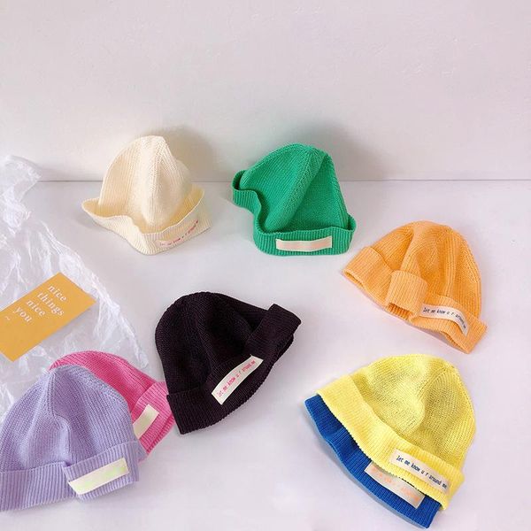 

caps & hats fashion autumn winter baby beanie kids boys girls soft thin knitted hat letter pattern toddlers children 8 colors, Yellow