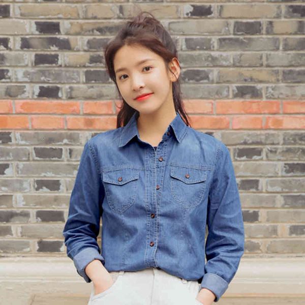 

shirts arrival autumn korea women's fashion long turn-down collar sleeve denim blue shirt double pocket casual blouse s263, White