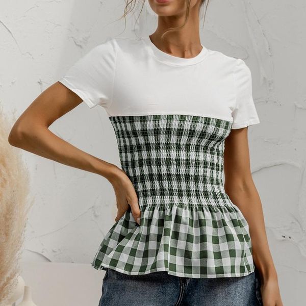 

women's t-shirt summer fashion casual pleated o-neck slim stitching, White