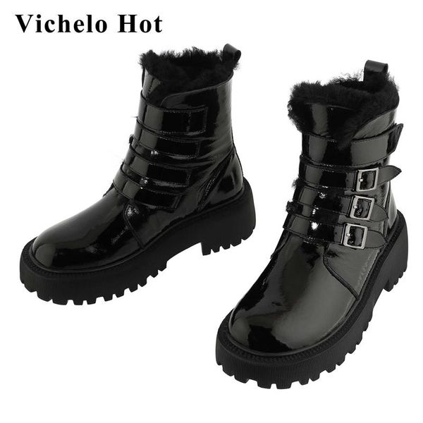 

boots vichelo snow cow patent leather buckle decoration round toe thick high heel hook loop keep warm winter ankle l41, Black