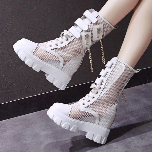 

boots in the tube fashion temperament mesh breathable ladies summer inner heightened wedge heel net boots., Black