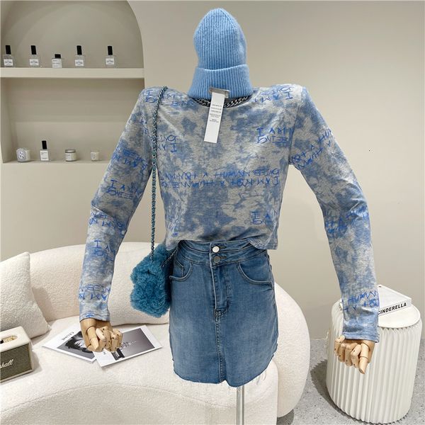 

polos spring niche summer woman blue tie dye shirt loose design top, White