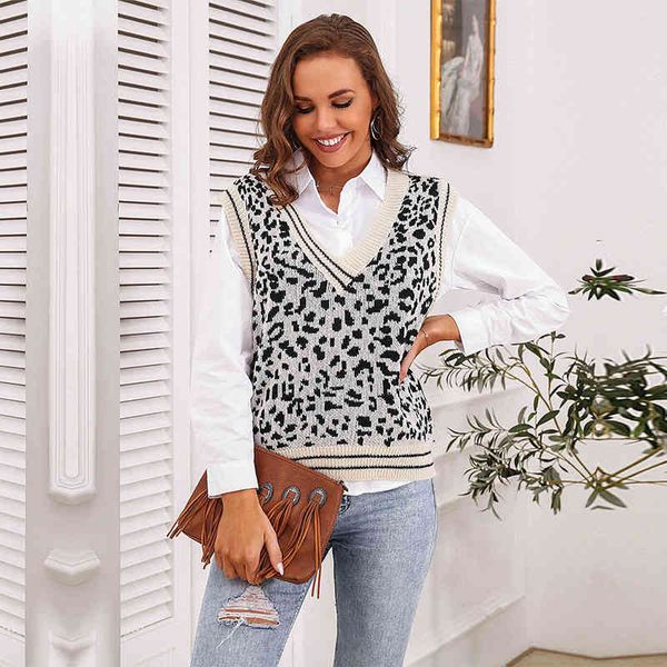 

women's new spring summer casual leopard print knitted vest sweater ladies v neck sleeveless all match for fashionable 210413, White;black