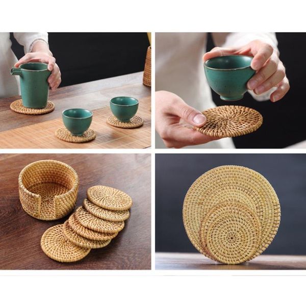 

table runner 1pc natural rattan coasters bowl pad handmade insulation placemats padding cup mats kitchen accessories7