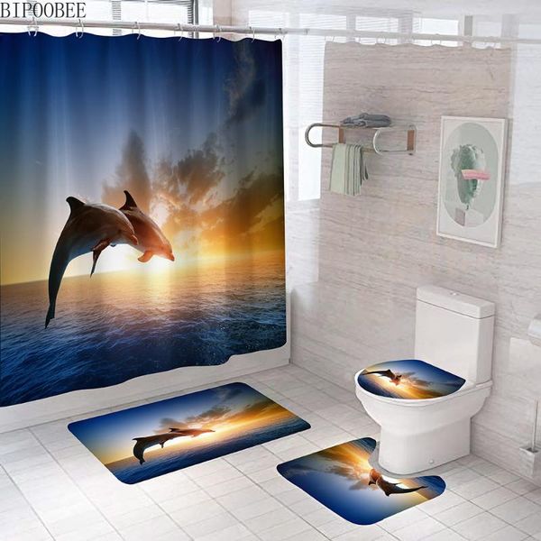 

ocean dolphin shower curtain waterproof fabric bathroom curtains toilet lid cover non-slip carpet bath mats rugs home decor