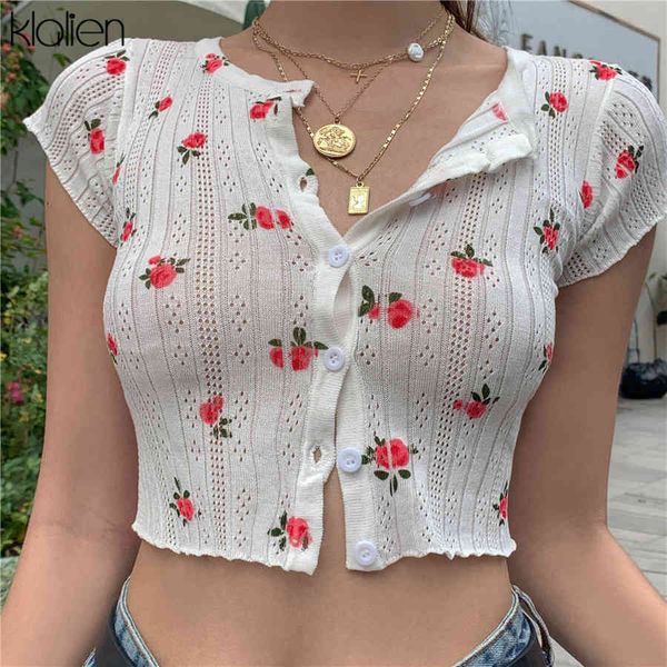 

t shirt summer sweet cute cherry graphic white rib knitted female casual slim button short sleeve t shirt lady