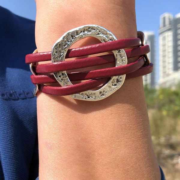 

cuff 8seasons punk style handmade pu leather rope bracelet vntage silver irregular round woven buckle fashion jewelry, White