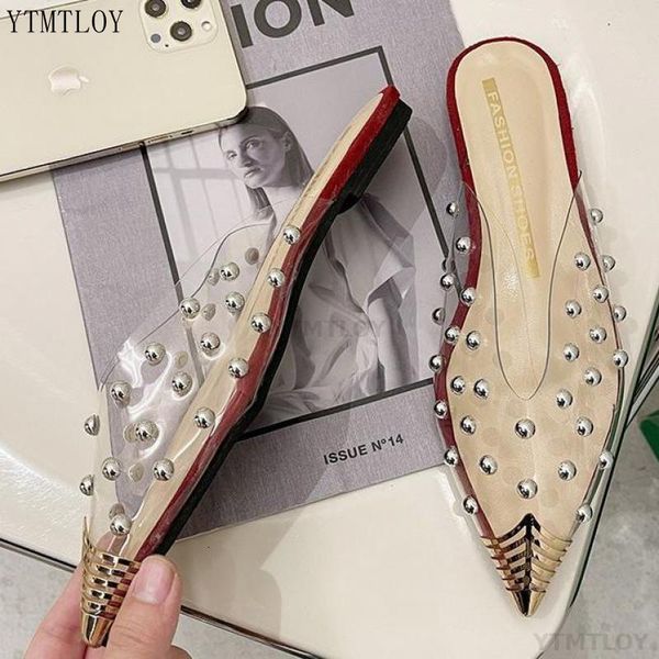 

slippers fashion women summer pvc transparent pointed toe clear mule rhinestone slides flat zapatillas mujer casa 17f5, Black