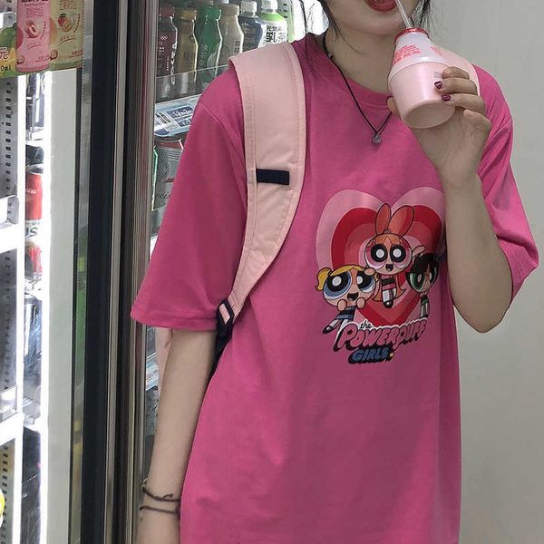 

women's t-shirt cartoon print summer t-shirts women o-neck short sleeve casual pink streetwear ins cotton oversized shirts vi, White