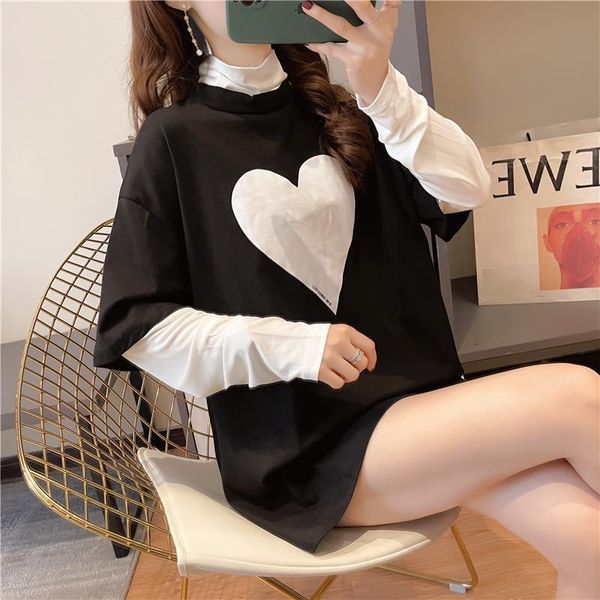 

women's t-shirt spring fake two-piece loose high-neck solid color stitching love printing long-sleeved women, White