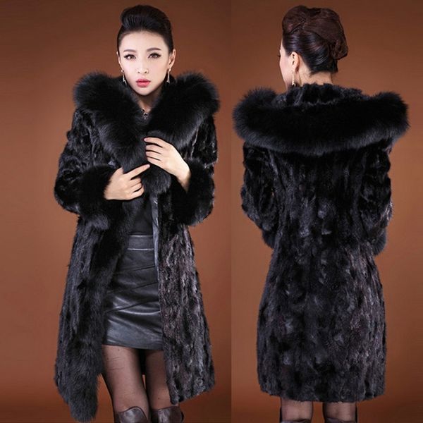 

women's wool & blends womens imitation fur overcoats with hood large size winter autum casual man-made outwears black long s/