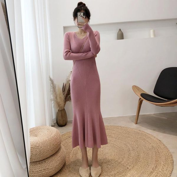 

casual dresses women's 2021 autumn temperament slim was thin bag hip fishtail dress sweater mid-length solid color l612, Black;gray