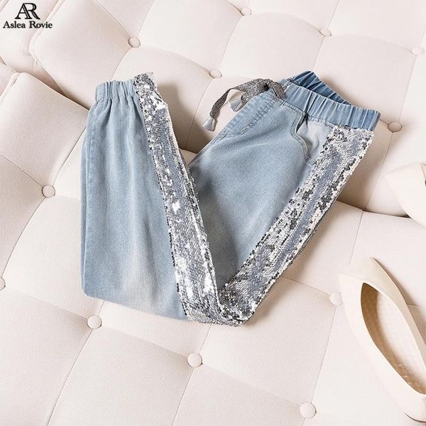 

women's jeans woman mid waist plus size drawstring side sequins loose street style mom ankle-length harem pants 4xl 5xl, Blue