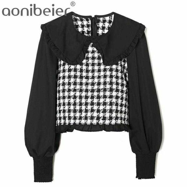 

women lantern sleeve splicing short shirts female smock doll collar blouses casual lady loose blusas 210604, White