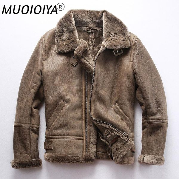 

men's leather & faux 2021 vintage gray men b3 bomber shearling jacket winter thick wool liner sheepskin genuine coat, Black