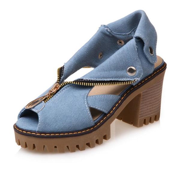 

sandals denim platform women high heel zipper summer shoes, Black