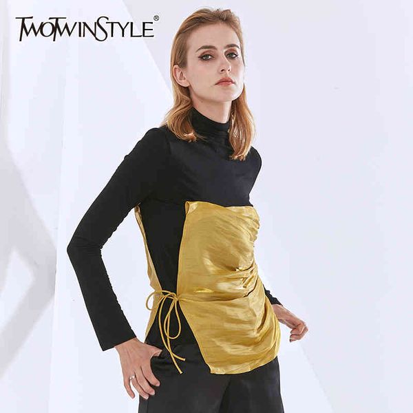 

twotwinstyle elegant patchwork slim t shirt for women turtleneck long sleeve lace up casual t shirts female fashion clothing 210517, White