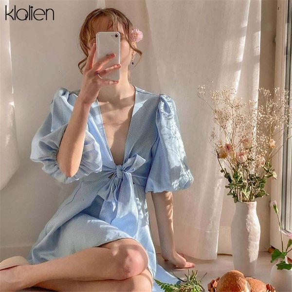 

dresses fashion elegant cute sweet bow bandage v neck puff sleeve a-line dress women summer french romantic beach party dresses, Black;gray