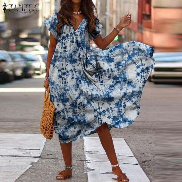 

casual dresses zanzea women v neck short sleeve beach sundress bohemian summer tie dye printed midi dress robe femme 5xl party vestido, Black;gray