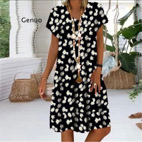 

big size dress women summer loose short sleeve chrysanthemum printed dresses with pocket lus clothing casual, Black;gray