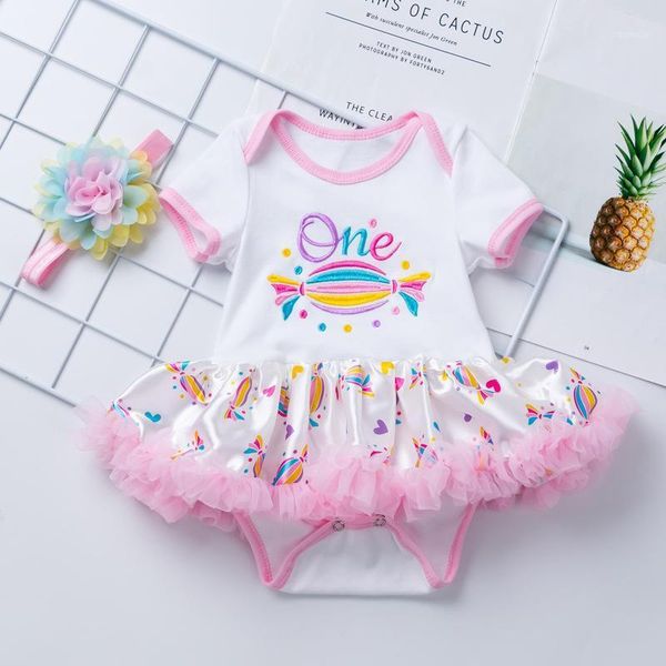 

children girls clothing birthday princess dress candy cotton short-sleeved baby romper stain mesh skirts flower headwear set jumpsuits, Blue