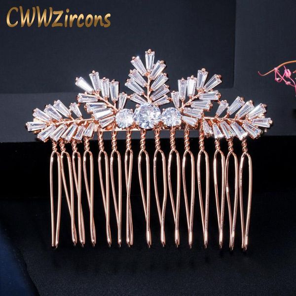 

hair clips & barrettes cwwzircons sparkling cubic zirconia rose gold color leaf shape bridal wedding accessories comb headpiece jewelry a012, Golden;silver