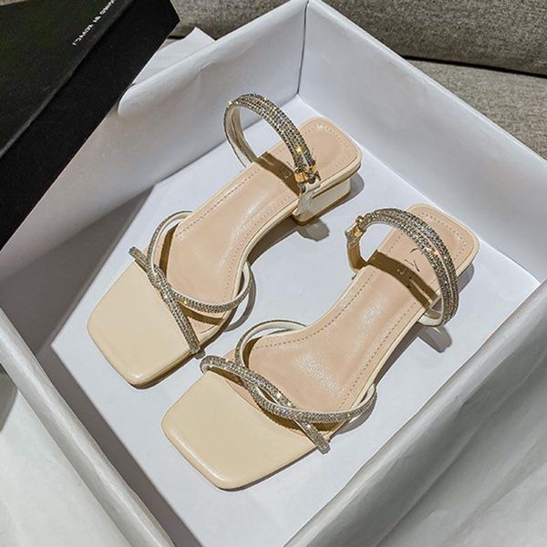 

sandals rhinestone square heel high women 2021 summer shoes woman students buckle strap office female plus size, Black