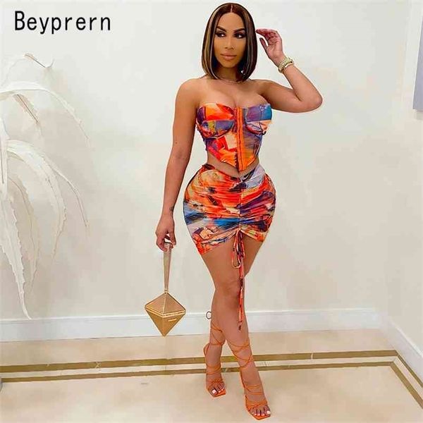 Beyprann Güzel Kravat Boya Korse Etek Set Bayan Yaz Örgü Baskılı Kırpma Üst Ve Eşleşen Kıyafetler Parti Clubwear 2 Parça 210730