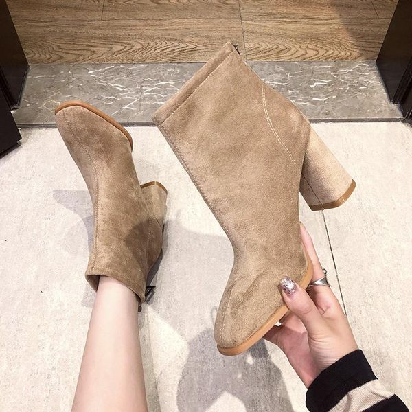 

boots medium heel 2021 suede back zipper square head women's short high thick british style, Black