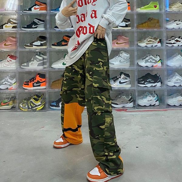 

men's pants spring summer wide-leg fashion retro pocket men cargo streetwear loose tactics camo mens trousers, Black