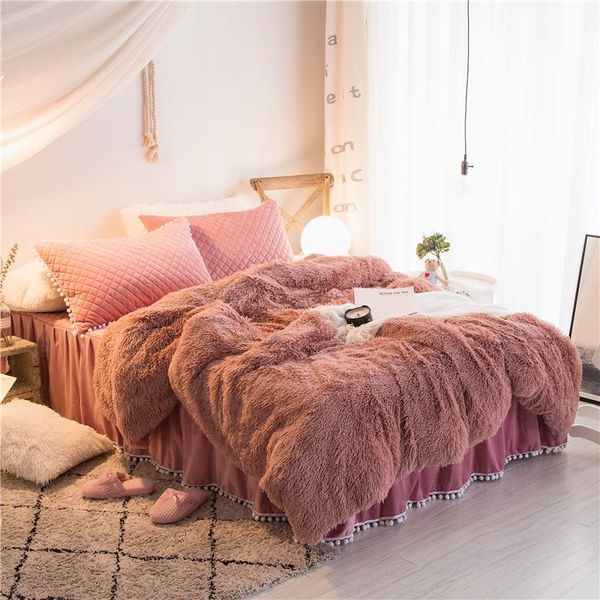 

bedding sets luxury plush shaggy mink velvet duvet cover set quilted fringe skirt pompoms princess pillowcases bed ruffles