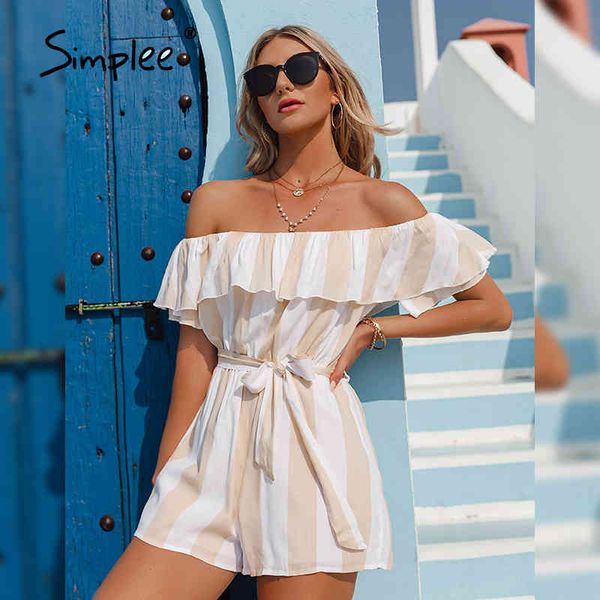 

fashion ruffled stripe loose women casual summer off shoulder bow sash rompers high waist beach print romper 210414, Black;white