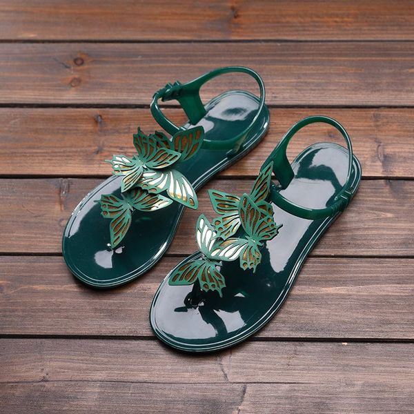

summer woman butterfly & flower sandals safe pvc fashion sweet crystal jelly toe beach shoes flip flops, Black
