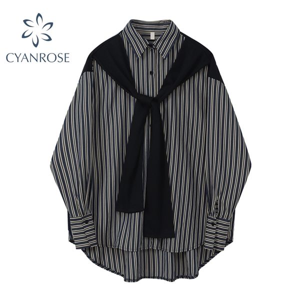 

shawl bandage striped blouses or cardigan shirts women streetwear boyfriend blusas casual oversized rok stylish tide 210430, White