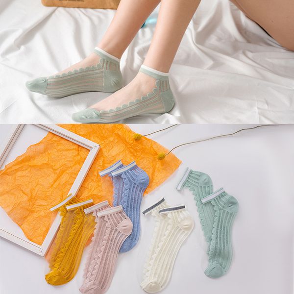 

socks hosiery tiktok summer ins, little daisy breathed kasse, boat socks, women's polyter cotton bottom glass stockings socks, Black;white