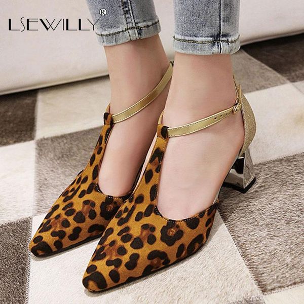 

dress shoes lsewilly t-strap women pumps leopard high heels pointed toe square heel footwear lady summer party golden size 48, Black