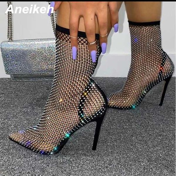 

sandals aneikeh summer bling rhinestone mesh pointed toe ankle boots stiletto high heels female crystal shoes, Black